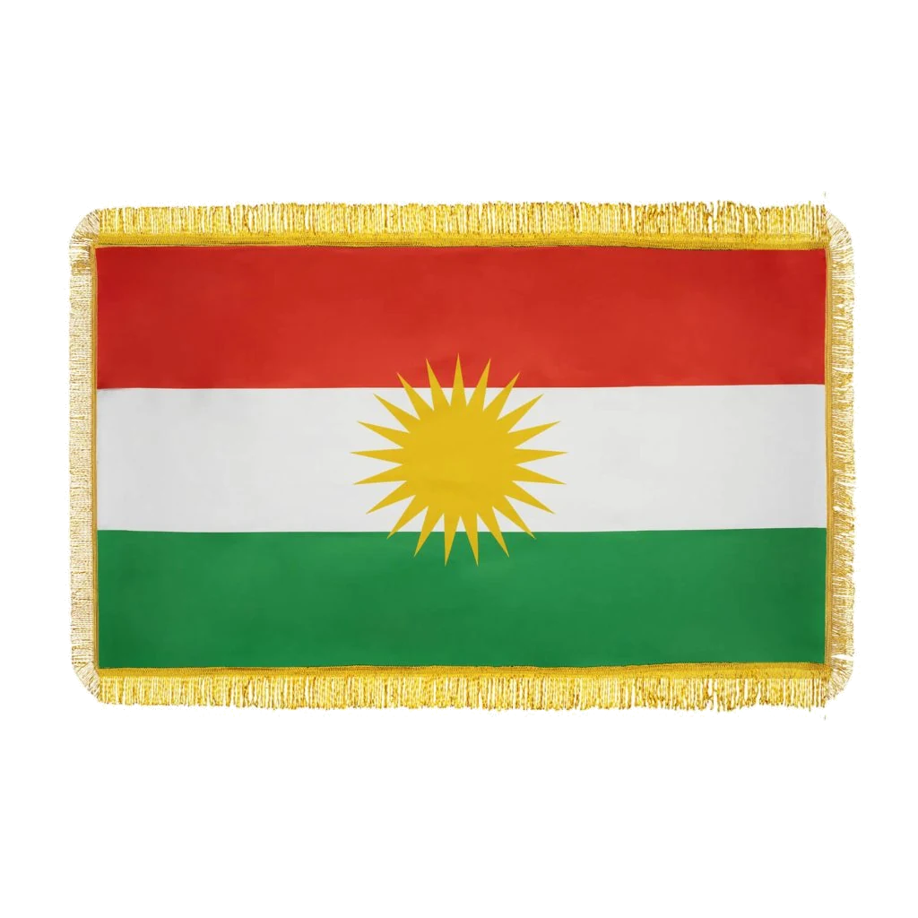 Kurdistan flag with golden fringes, red white green with the sun Roj and its 21 rays